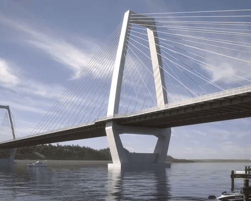 Rendering of a cable-stayed bridge over the Ohio River, its twin concrete towers and white stay cables seen from the water